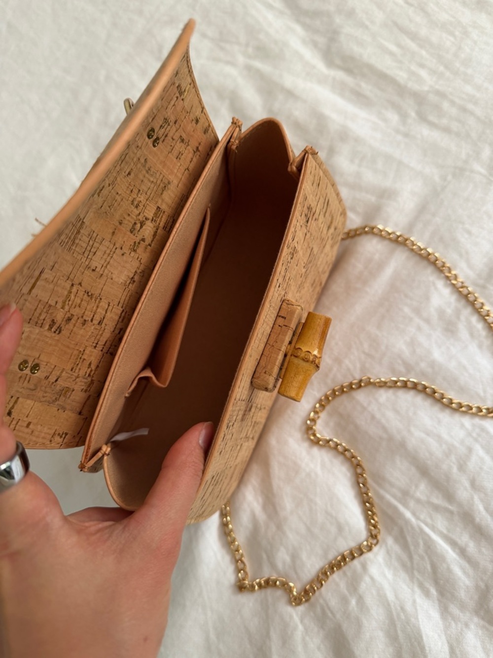 Cork Bamboo-Handle Shoulder Bag in Tan - Picture 2 of 3